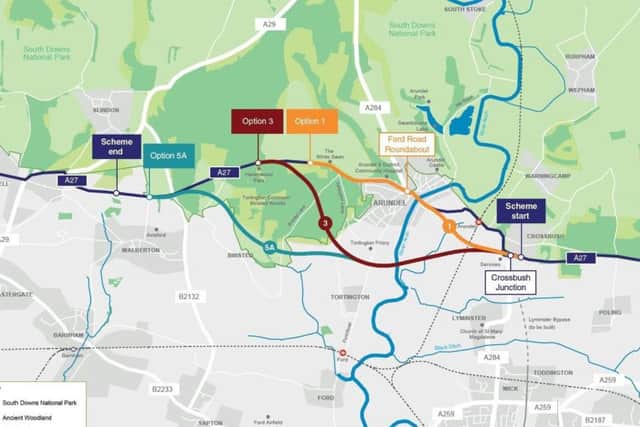 The three routes for possible A27 improvement at Arundel have been published. Picture: Highways England